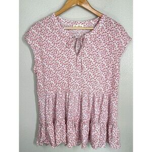 JANE and DELANCEY Anthropologie Red Floral Babydoll Top Size M Tiered Blouse